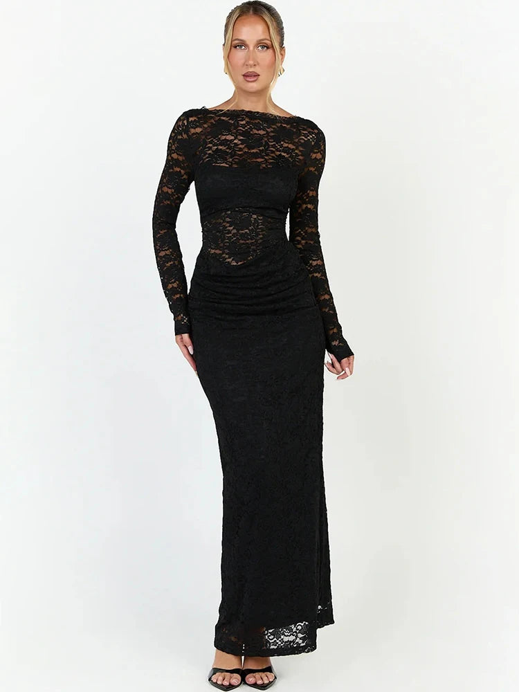 Women Off Shoulder Lace Sexy Maxi Dress Long Sleeve Hollow Out Bodycon Evening Party Dress Elegant Ruched Dress