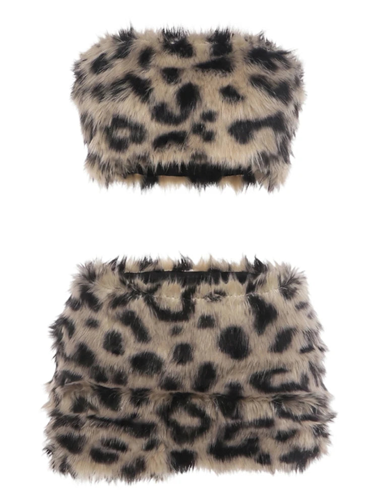 Furry Patchwork 2 Piece Set Woman Leopard Print Sexy Wrap Chest Backless Tank Tops+Mini Shorts Street Wild Style Suit