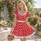 Women Polka Dot Fancy Dress Red Puff Sleeve Lace Edge Mini Dress Back Bow Carnival Party Cosplay Costume