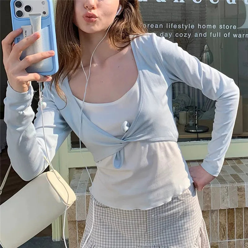 Women Tie Front Cropped Cardigan Long Sleeve Solid Color Knotted Front Slim Fit Short Shrug Casual Spring Fall Outerwear