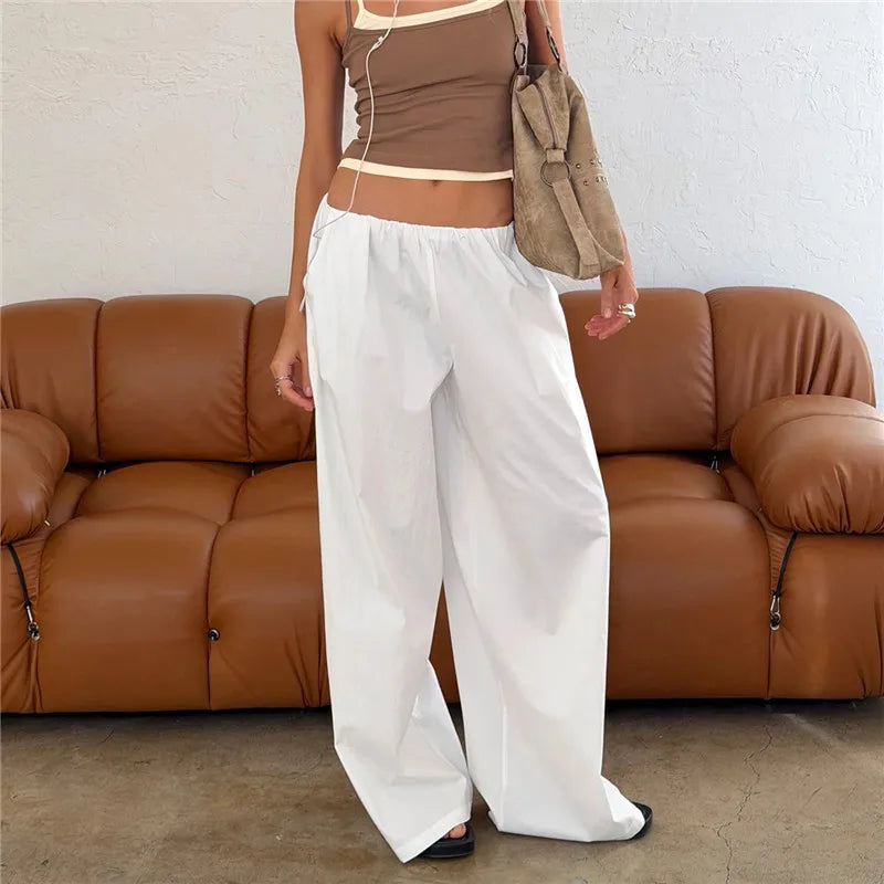 American Minimalist Elastic Waist Wide Leg Pants Women Oversized Draped Baggy Floor Length Casual Daily Office Trousers