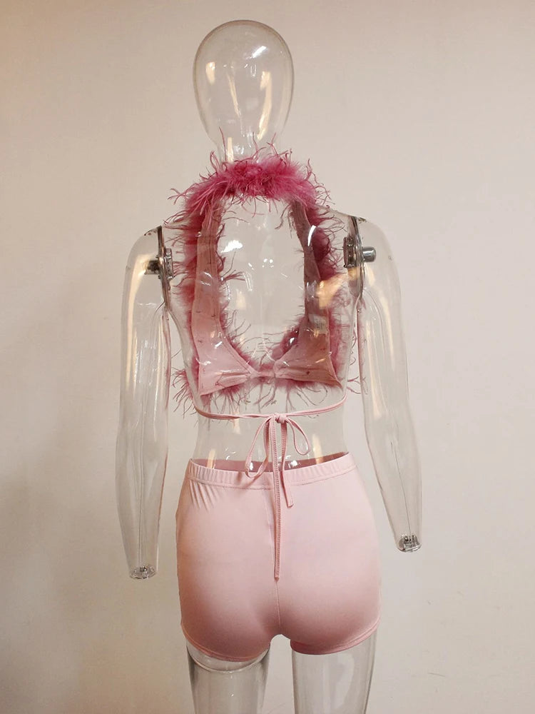 Sexy 2 Piece Set Women Mini Furs Tank Tops+Tight Stretch Shorts Y2K Summer Hipster Midnight Clubwear Party Outfits