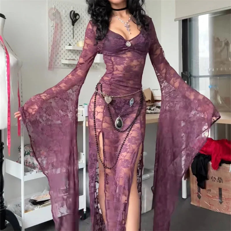 Women Halloween Floral Lace Sheer See Through Long Dress V Neck Flare Long Sleeve High Split Bodycon A-line Dresses