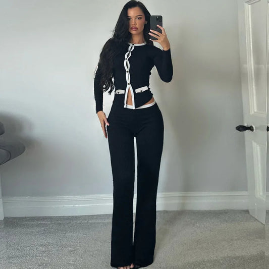 Black Knit 2 Piece Set Long Sleeve Cardigan and Flare Pants Matching Sets Elegant Fall Outfits Woman 2025
