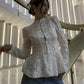 Vintage Sheer Floral Lace Shirt Women Stand Collar Chinese Knot Buttons Puff Sleeve Peplum Slim Fit Casual Street Blouse