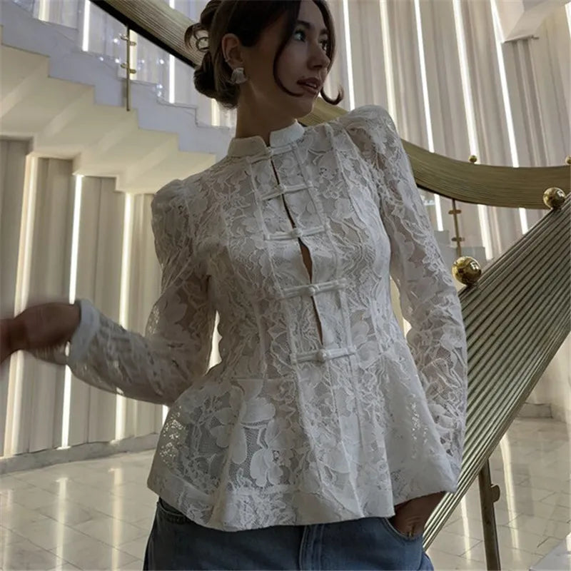 Vintage Sheer Floral Lace Shirt Women Stand Collar Chinese Knot Buttons Puff Sleeve Peplum Slim Fit Casual Street Blouse