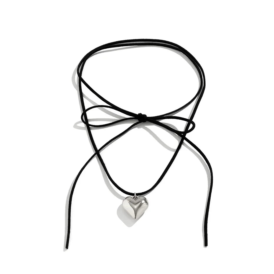Elegant Goth Love Heart Pendant Necklace for Women Collares Wed Bridal Knotted Bowknot Adjustable Chain Y2K Jewelry New