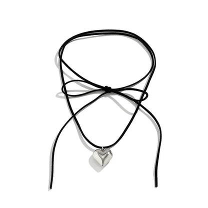 Elegant Goth Love Heart Pendant Necklace for Women Collares Wed Bridal Knotted Bowknot Adjustable Chain Y2K Jewelry New