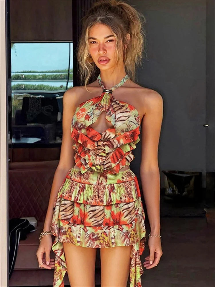 Hollow Tierred Dress Women Cross Halter Colorful Print Irregular Tassel Metal Rings Backless Summer Vacation Bodycon
