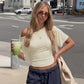 Tie Back Short Sleeve Off Shoulder Tops Casual Loose Tshirt Woman Clothes