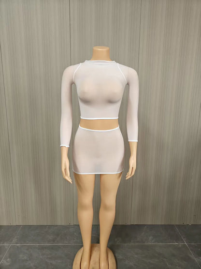 See Through 2-Piece Set Women o-Neck Full Sleeve Crop Tops+Elastic Waist Simple Skirt Slim Sexy Midnight Hottie Suit