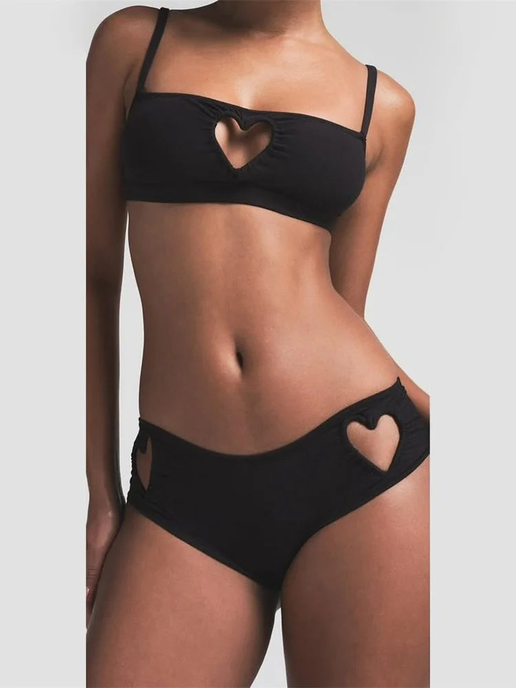 Heart Hollow 2 Piece Set Women Simple Vacation Camisole+Panties Beach Style Matching Stretch Street Comfortable Suit
