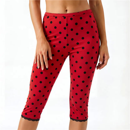 Vintage Polka Dot Cropped Leggings High Waist Lace Trim Hem Calf Pants Women Daily Loungewear Sleepwear Casual Bottoms