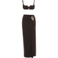 Beach Party 2-Piece Set Women Low-Neck Backless Bra+Metal Decoration High Side Slit Folds Skirt Sexy Summer Suit