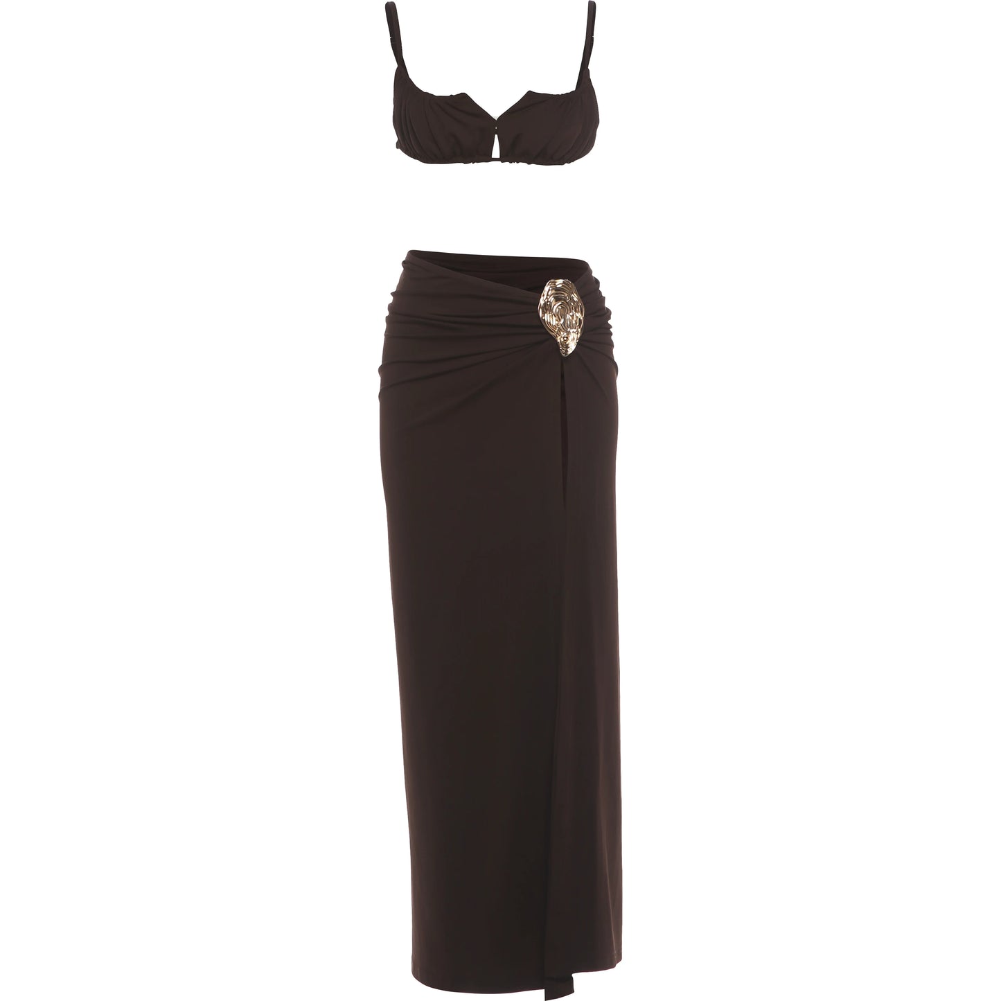 Beach Party 2-Piece Set Women Low-Neck Backless Bra+Metal Decoration High Side Slit Folds Skirt Sexy Summer Suit