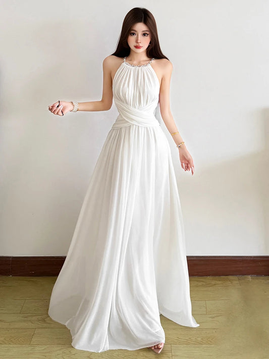 Backless Maxi Dress Women Beaded Chain Folds Sleeveless o-Neck Elegant Birthday Party Vacation Summer Trend Vestidos