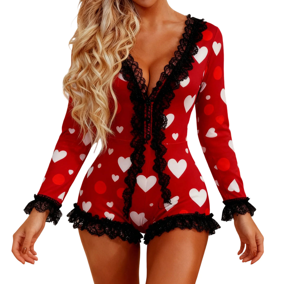 Sexy Women's Valentine's Day Pajamas Shorts Romper Long Sleeve V Neck Lace Trim Heart Print Jumpsuit Sleepwear
