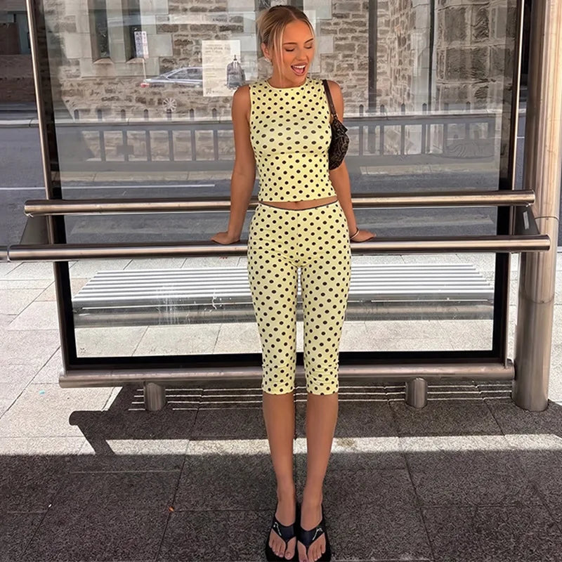 Summer Vacation Women Polka Dot Two Piece Matching Set Sleeveless Cropped Tank Top High Waist Capri Leggings Streetwear