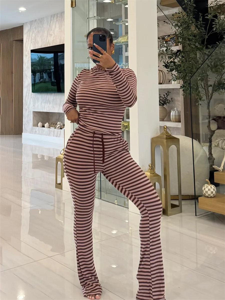 Striped Print 2 Piece Set Women Trend Hooded Full Sleeve T-Shirt+Drawstring Pants Fashion Casuals Street Sporty Suits