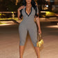 Short Sleeve Shape Waist Playsuit Woman Stripe Patchwork Sexy Deep V-Neck Stretch High Street Fashion Style Rompers