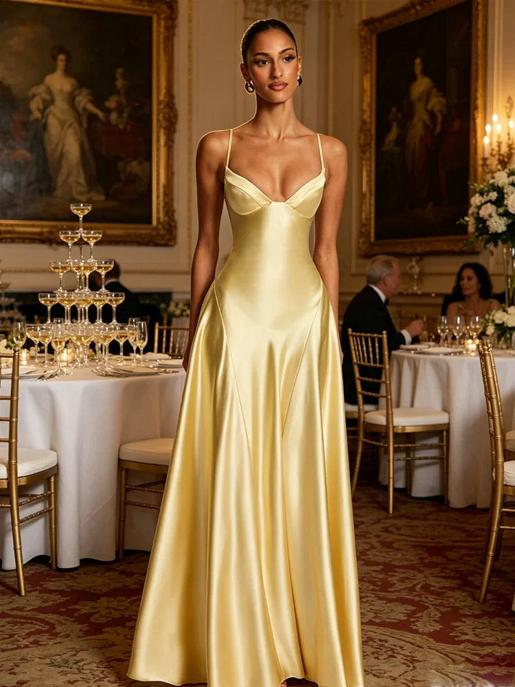 Folds Vacation Chic Satin Maxi Dress Women Low-Neck Sleeveless Skinny Elegant Birthday Party Summer New Trend Vestidos