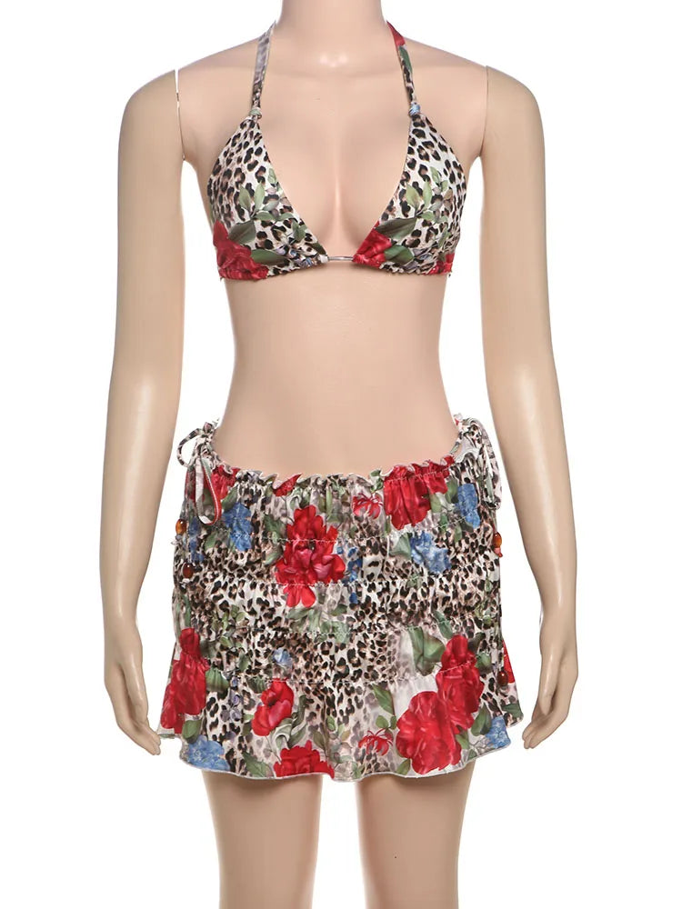 Summer Flower Leopard Print 3-Piece Set Women Halter Bra+Strap Shorts+Folds Skirts Skinny Sexy Beach Party Matching Suits
