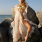 Women Sheer Chiffon Ruffle Trim Long Sleeve Maxi Cover Up Dress Tie Waist Flowy Kimono Robe for Beach Vacation