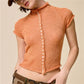 Women Semi Sheer Knit Top Mock Neck Button Front Short Sleeve Slim Cropped Tee Y2K Vintage See Through Knitwear Blouse