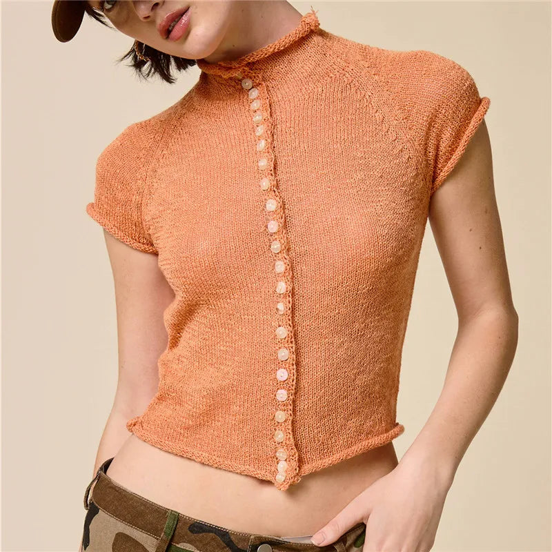 Women Semi Sheer Knit Top Mock Neck Button Front Short Sleeve Slim Cropped Tee Y2K Vintage See Through Knitwear Blouse