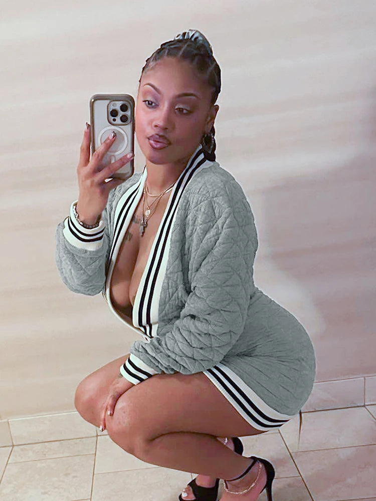 Deep V-Neck Dress Women Sexy Patchwork Elastic Waffle Plaid Long-Sleeve Autumn Hipster Peach Hip Streetwear Bodycon