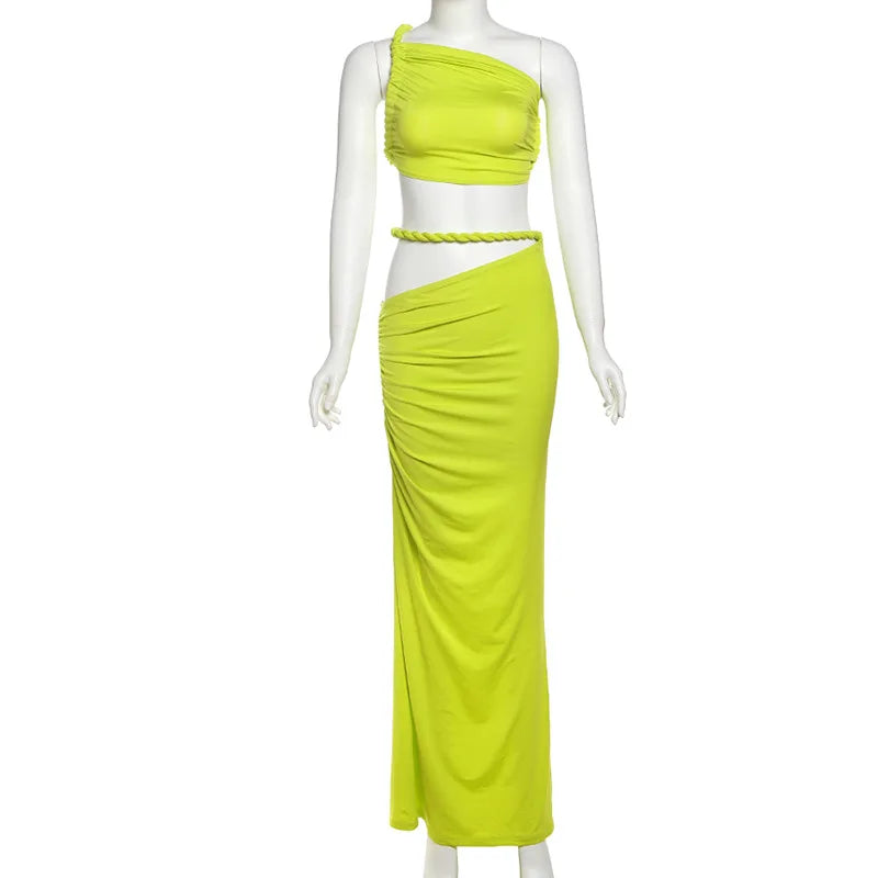 Neon Green 2 Pieces Set for Woman Twisted Cutout Long Skirt and Top Sexy Beach Summer Outfit Woman 2025