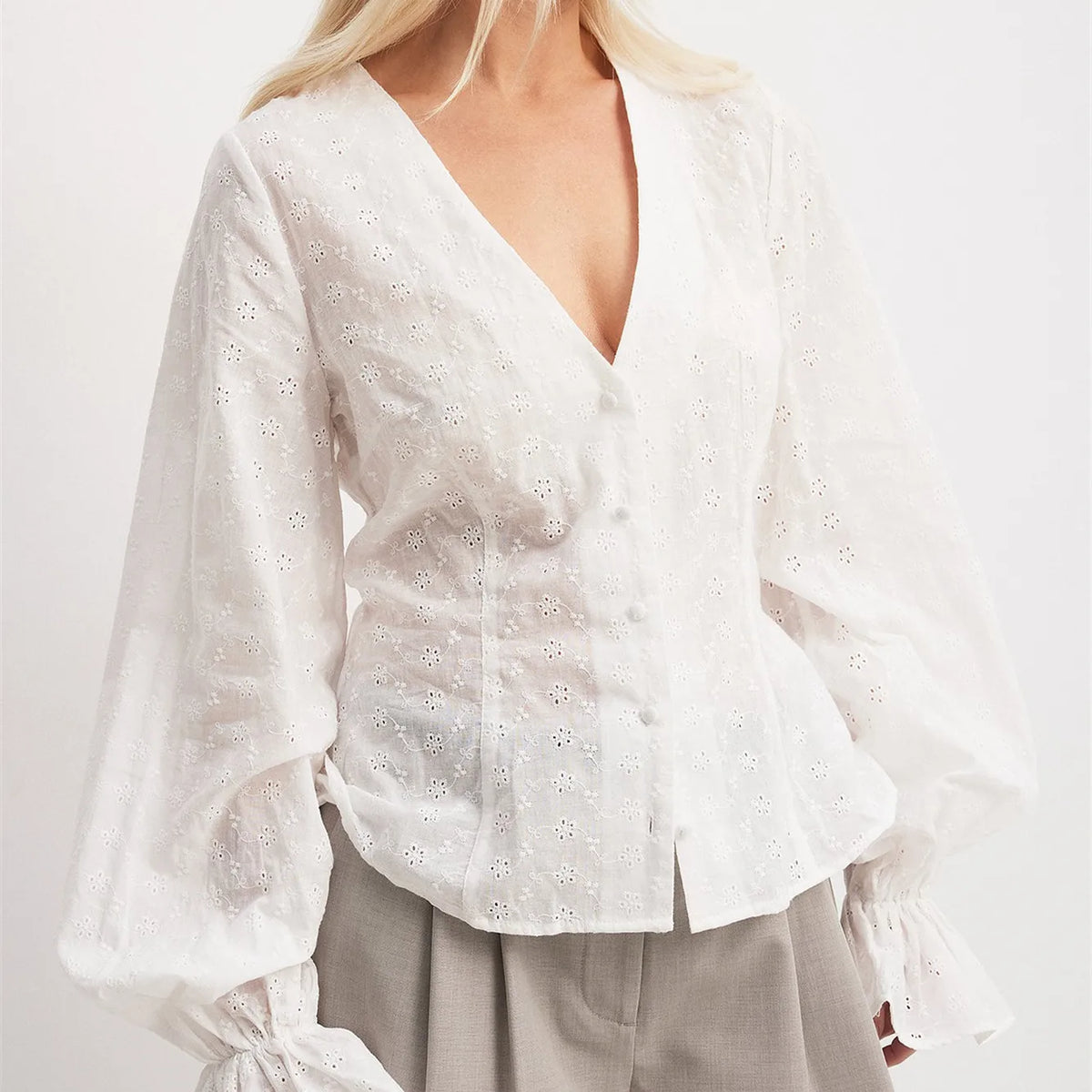 Women's Fall Button Up Blouse Casual Loose Fit Stylish Embroidered Solid Color Eyelet V Neck Long Sleeve Tops