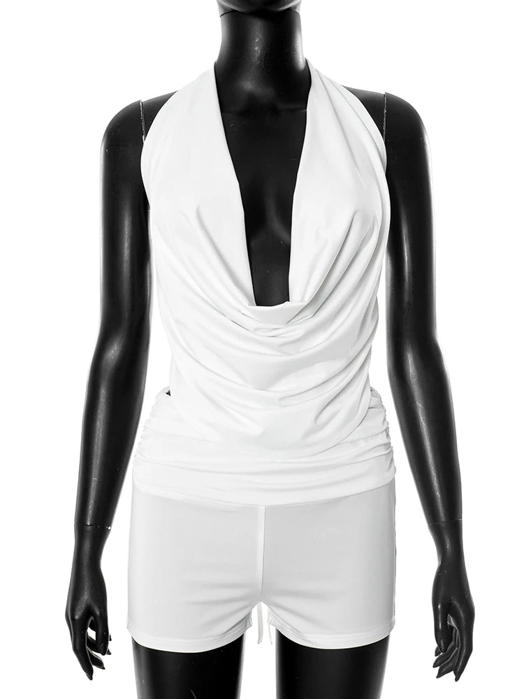Sexy Elegant 2 Piece Set Halter Backless Bandage Swing Collar Tank Tops+Shorts Matching Streetwear Tight Stretch Suit