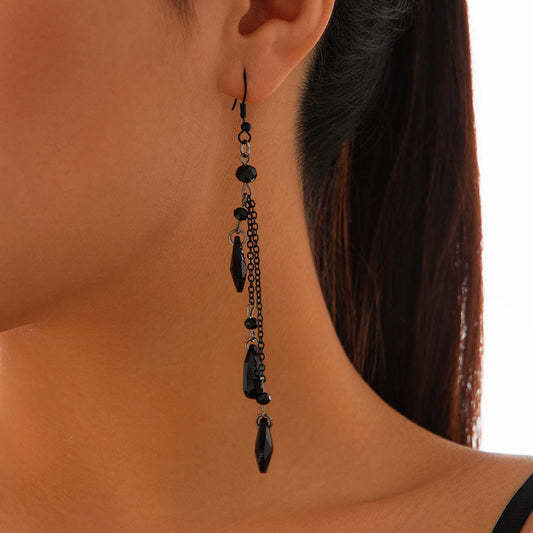 Trendy Long Tassel Droplet Imitation Crystal Pendent Earrings Women Elegant Black Chain Piercing Drop Earrings Jewelry