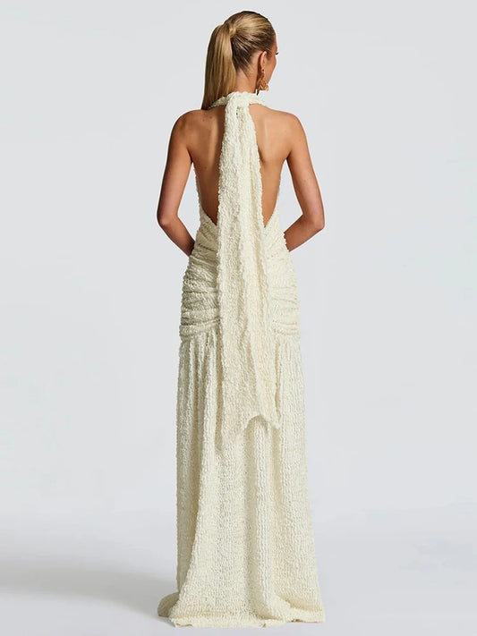 Elegant Backless Halter Dress Women Sexy Deep V-Neck Ruched Ribbon Split Vacation Party Gown Chic Peach Hip Vestidos