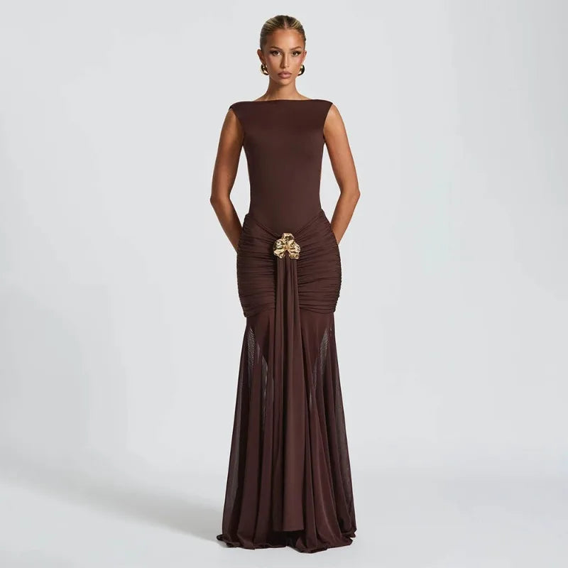 Sleeveless Backless Split Pleated Maxi Dress Elegant Sexy Evening Party Dresses for Wedding Guest