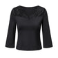 Women Lace V Neck 3 4 Sleeve Crop Top Elegant Spliced Lace Patchwork Slim Fitted Blouse Casual Solid Short Tee Shirt