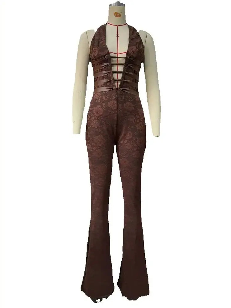 Hollow Bandage Jumpsuits Women Halter Sexy Jacquard Backless Sleeveless Skinny Street Workout Club Hipster Overalls