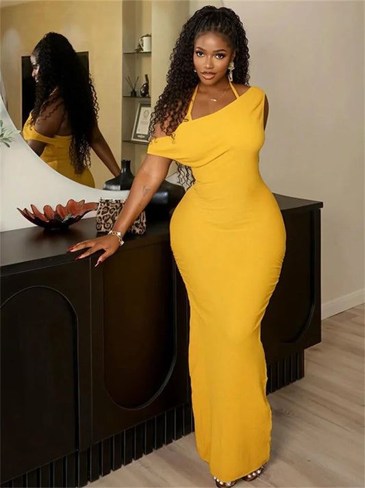 Ruched Elegant Maxi Dress Women Lace-Up Halter Skew Collar Backless Sleeveless Gown Midnight Prom Party Long Bodycon