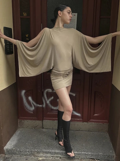 Split Long Sleeve Dress Women Autumn Trend Slanted Collar Belt Buckle Solid Skinny Stretch Simple Party Mini Bodycon