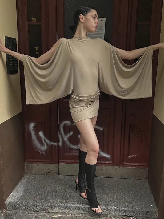 Split Long Sleeve Dress Women Autumn Trend Slanted Collar Belt Buckle Solid Skinny Stretch Simple Party Mini Bodycon