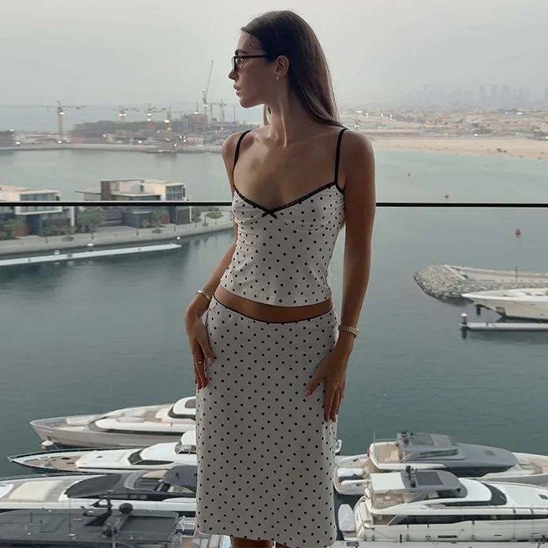 Polka Dot White 2 Piece Set Cami Top and Midi Skirt Matching Sets Cruise Outfits for Woman Summer 2026