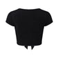 Women Front Tie Knot Cropped T Shirt V Neck Puff Short Sleeve Slim Fit Solid Plaid Crop Top Vintage Summer Casual Blouse