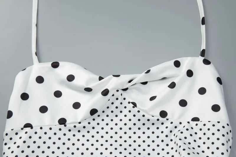 Polka Dot Print Halter Backless Pleated Long Dresses for Woman Summer White Dress Elegant Vacation Outfits