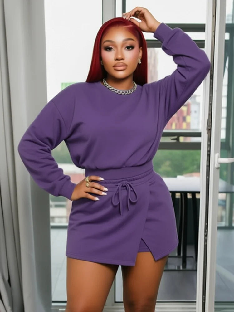 Sporty 2-Piece Set Women o-Neck Lantern Long Sleeve Crop Tops+Split Drawstring Skirt Fashion Summer Autumn Suits
