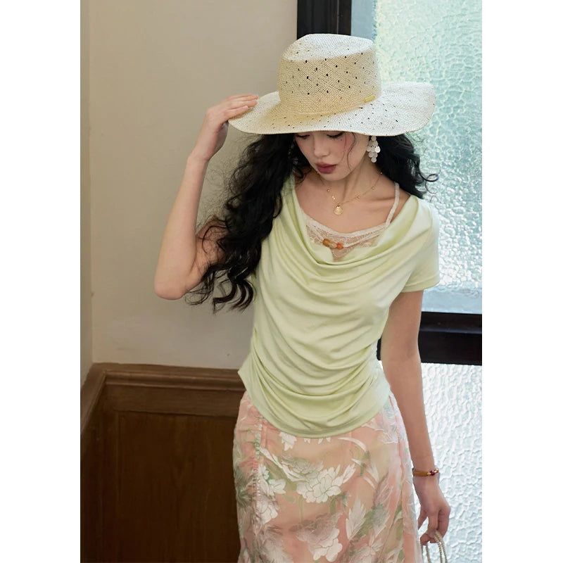 Women's Elegant Fake Two Piece Ruched Cowl Neck T-Shirt, Lace Trim Ribbed Knit Crop Top with Bead Detail