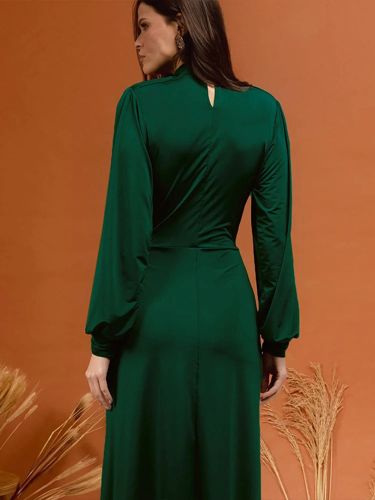 Chic Metal Pin Maxi Dress Women Sexy Split Deep V-Neck Long Sleeve Elegant Simple Evening Skinny Stretch Long Bodycon