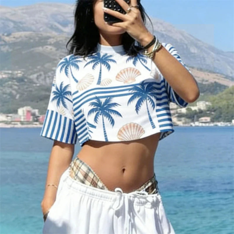 Women's Summer Crop T-Shirt Casual Loose Fit Stylish Seashell Coconut Tree Print Striped Crew Neck Short Sleeve Tops