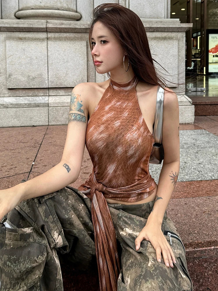 Lace-Up Tassel Tank Tops Women Y2K O-Neck Gradient Print Skinny Street Hip Hop Style Hottie Sexy Midnight Street Vest