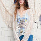 Lace Knit Sheer Long Sleeve Top, V-Neck Sailboat Print Blouse